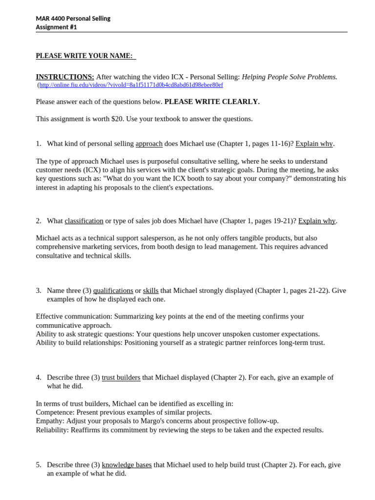 Personal Selling Assignment Insights | PDF | Sales | Business