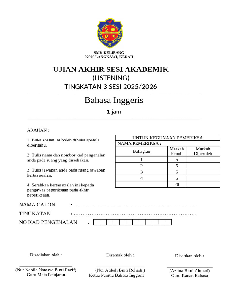 Listening Exam Paper for Form 3 2025/2026 | PDF | Chess Theory | Chess