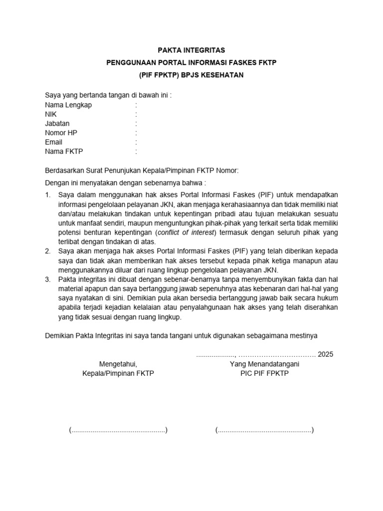 Pakta Integritas Penggunaan Pif | PDF