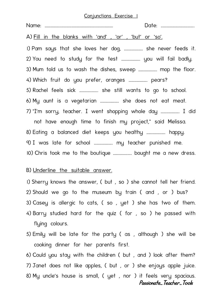 Conjunctions Practice Exercises | PDF