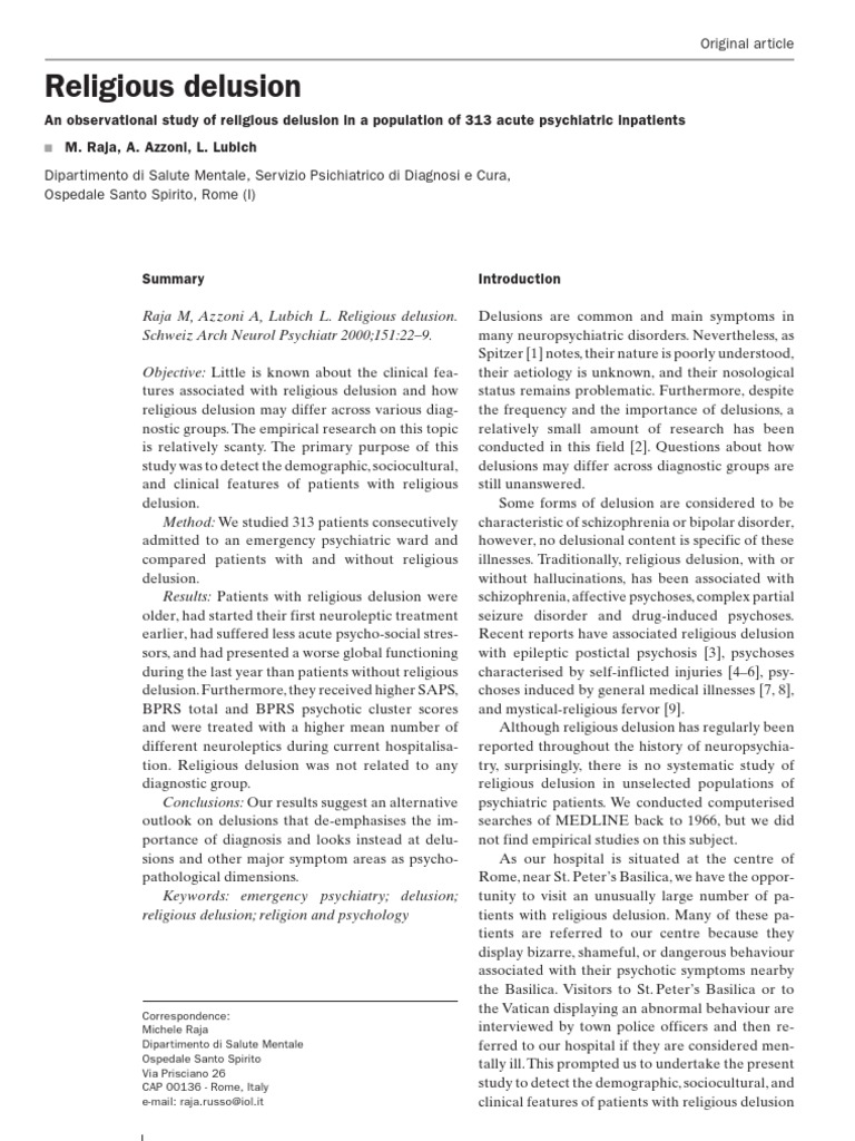 Religious Delusion PDF Delusion Psychosis