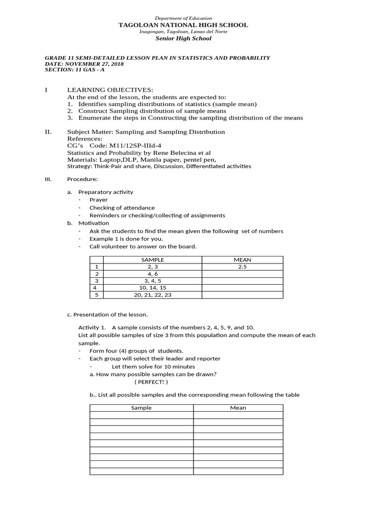 Grade 11 Statistics Lesson Plan | PDF | Probability Distribution ...
