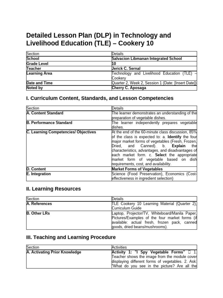 Cookery 10 Lesson Plan: Vegetable Forms | PDF | Cooking | Canning
