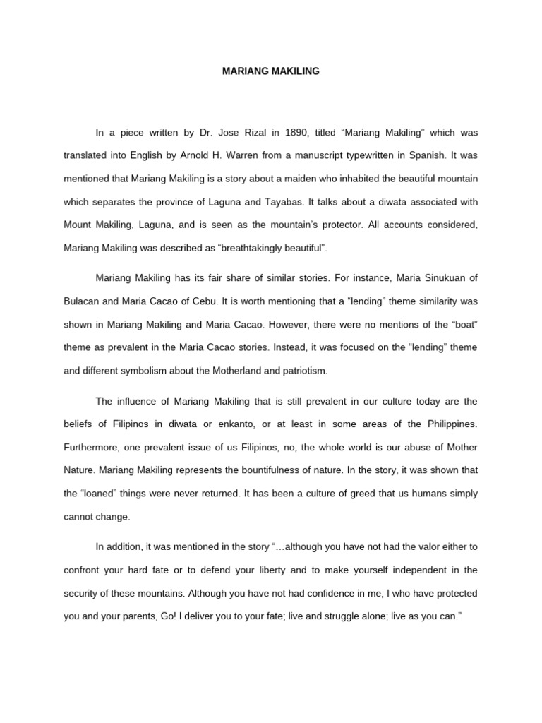 Mariang Makiling: A Filipino Folktale | PDF