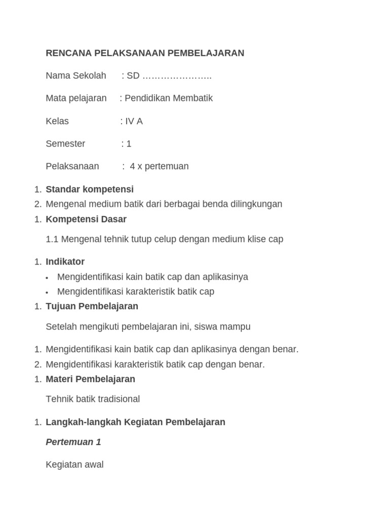 RPP Pendidikan Membatik Kelas IV | PDF