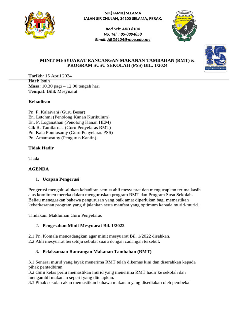 Minit Mesyuarat RMT & Susu Bil 1 2024 | PDF