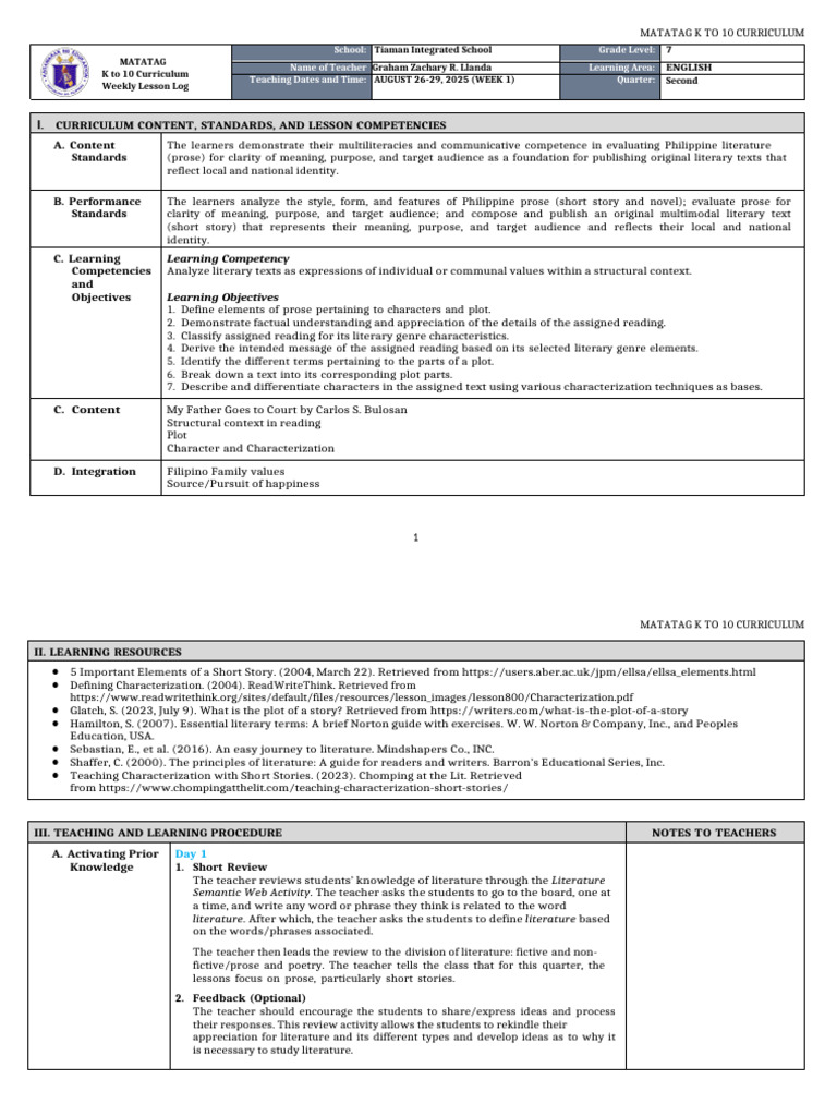 K-10 English Curriculum: Week 1 Plan | PDF | Plot (Narrative) | Curriculum