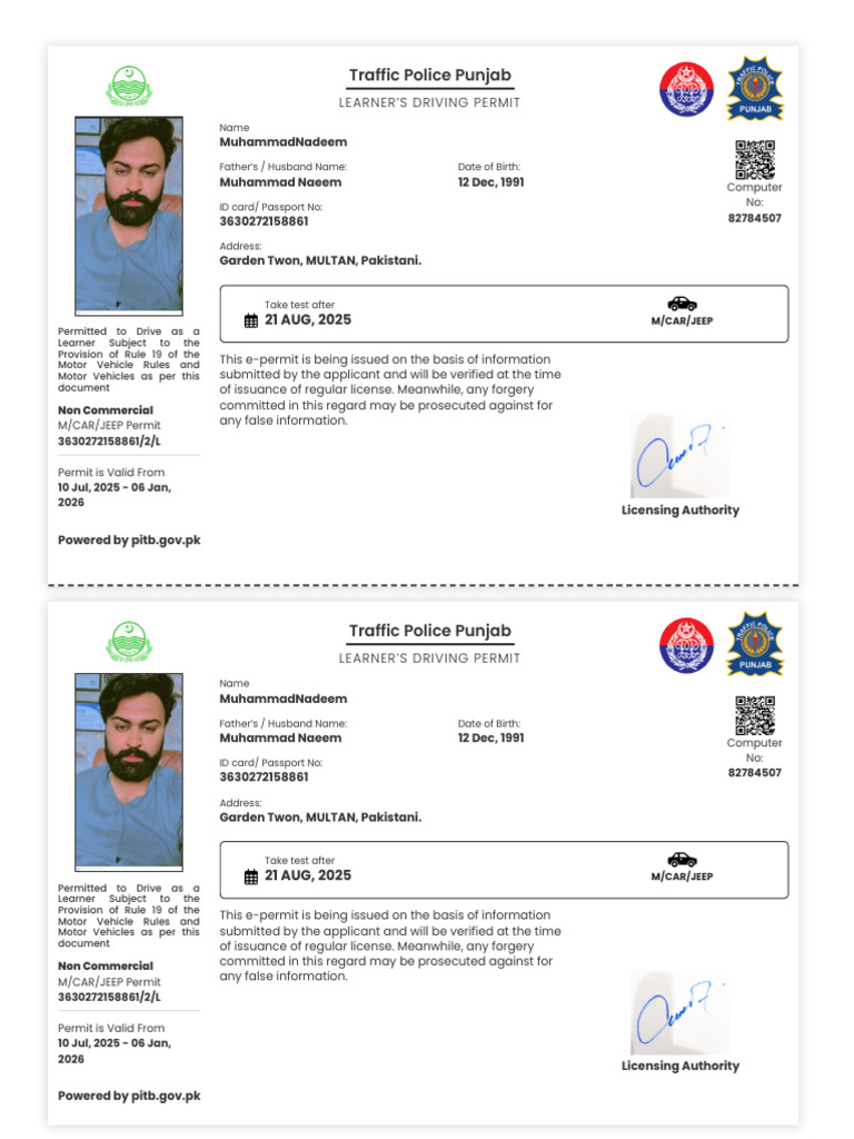 Learner's Driving Permit for Muhammad Nadeem | PDF | Identity Document ...
