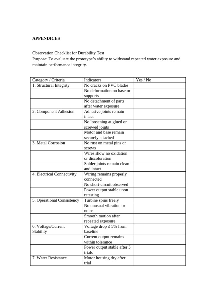 Durability Test Observation Checklist | PDF | Wear | Electricity