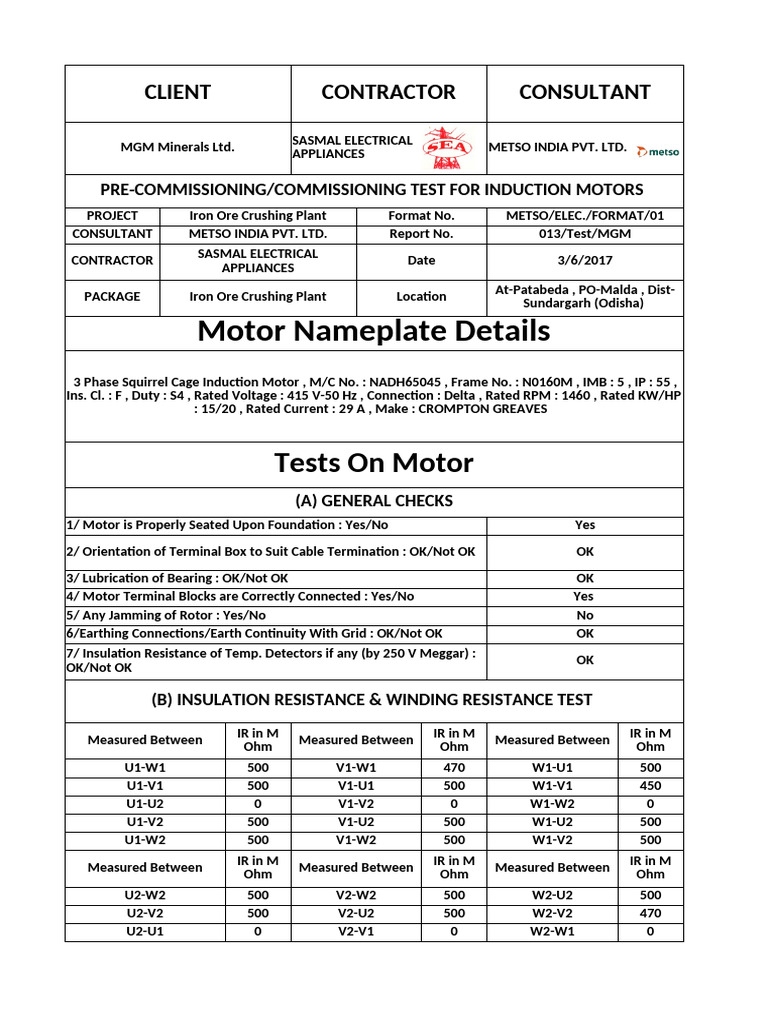 Induction Motor Pre-Commissioning Report | PDF | Power (Physics ...
