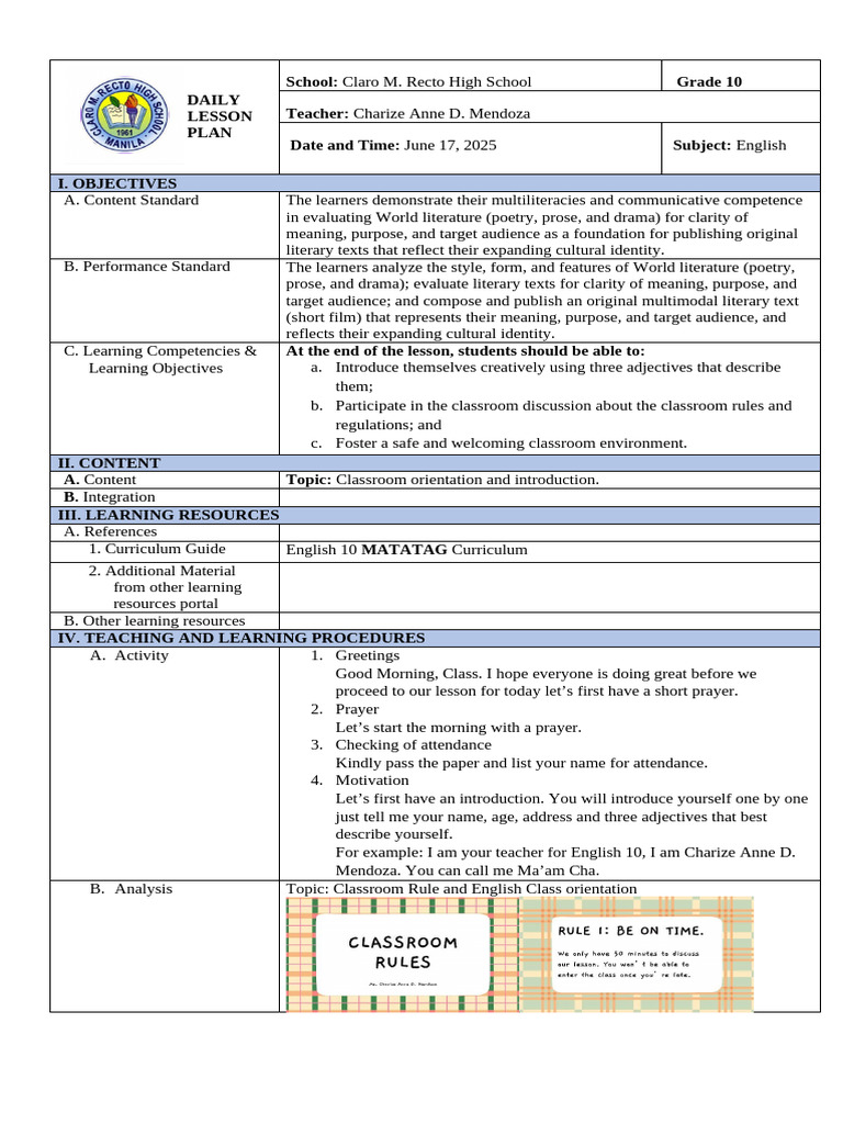 Grade 10 English Daily Lesson Plan | PDF | Curriculum | Teachers