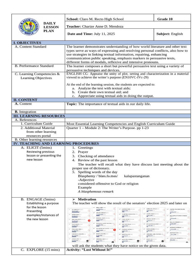 Grade 10 English Daily Lesson Plan | PDF | Learning | Communication