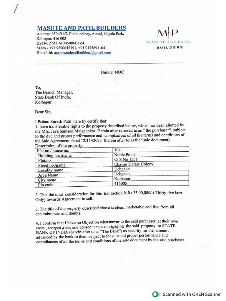 Builder Noc Flat No 104 | PDF