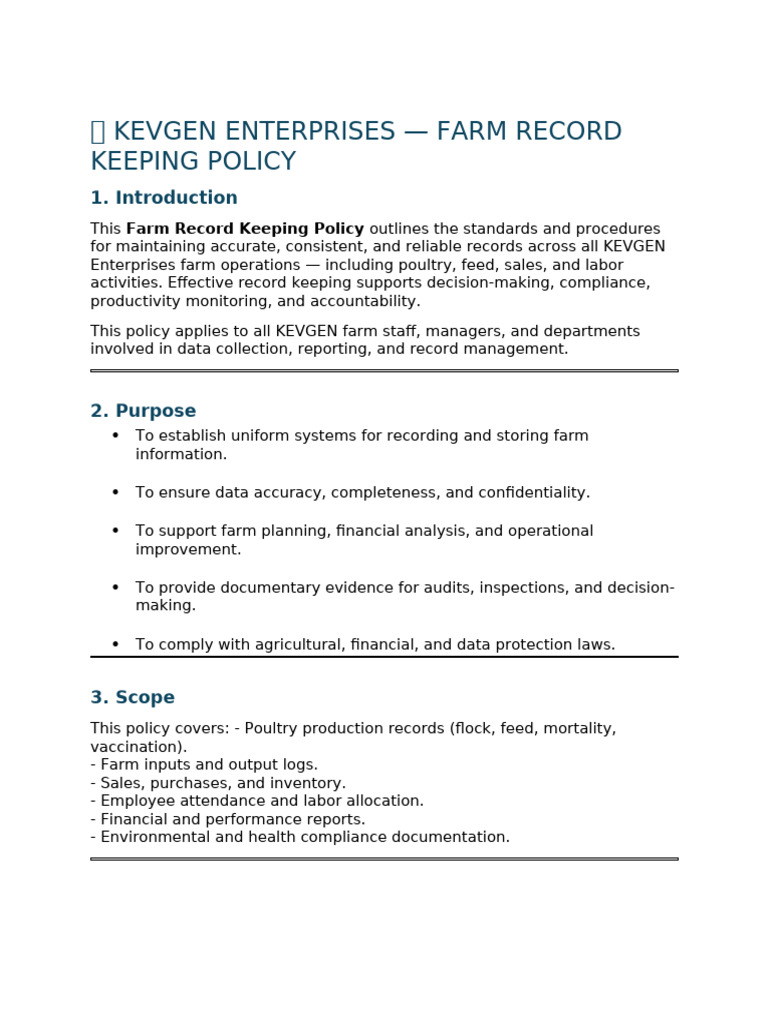 KEVGEN Farm Record Keeping Policy | PDF | Regulatory Compliance | Audit