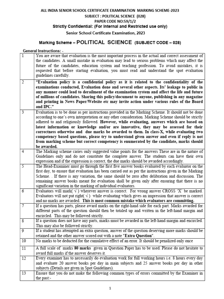 Political Science Marking Scheme 2023 | PDF | Politics Of India
