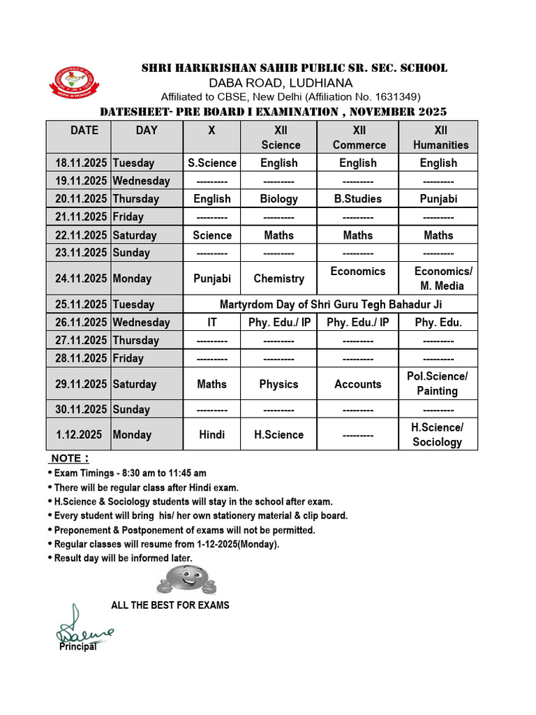 Datesheet - Class X & Xii Preboard I Examination, Nov 2025.-1 | PDF