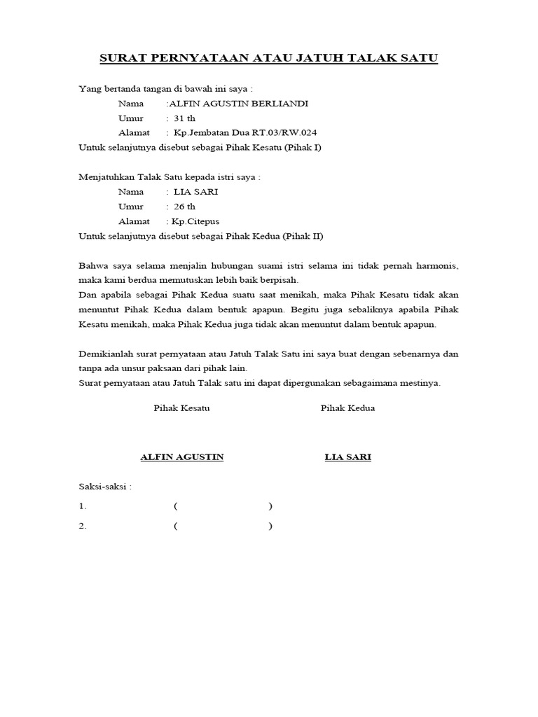 Surat Talak Satu Alfin dan Lia | PDF