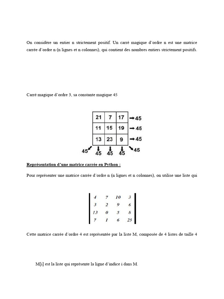 Matrices et Carrés Magiques en Python | PDF | Arithmétique | Analyse ...