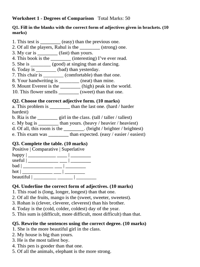 Adjective Comparison Worksheets | PDF | Chess | Chess Theory