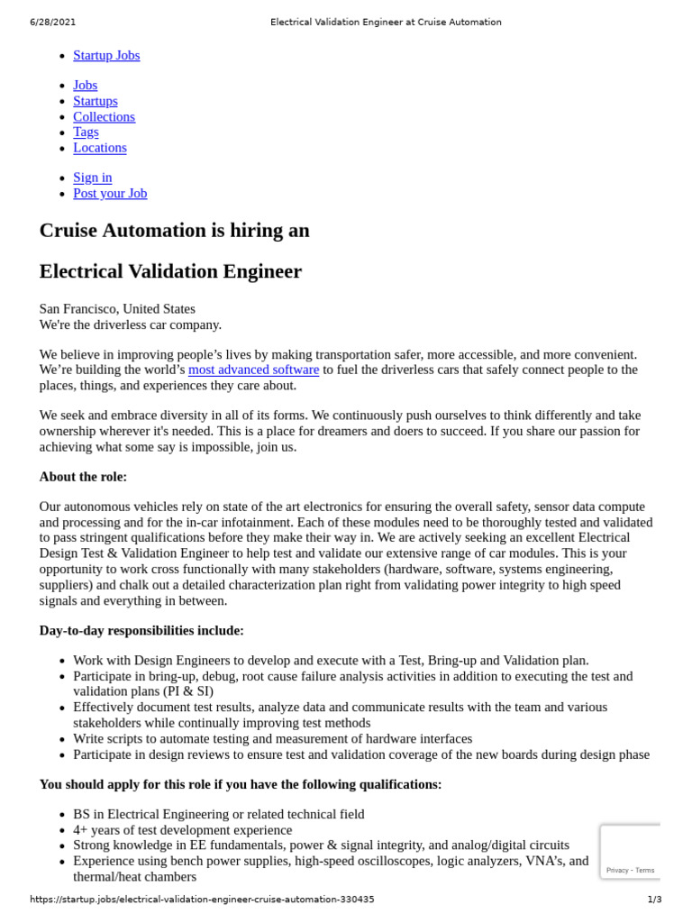 Electrical Validation Engineer at Cruise Automation | PDF | Employee ...