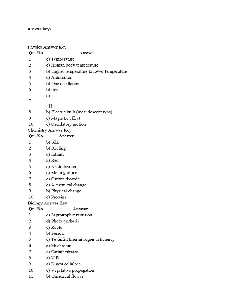 Answer Key Class Class 8th | PDF