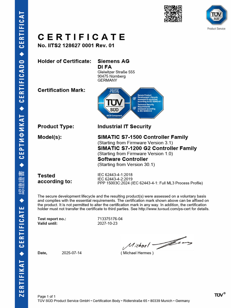 Siemens Industrial IT Security Certificate | PDF