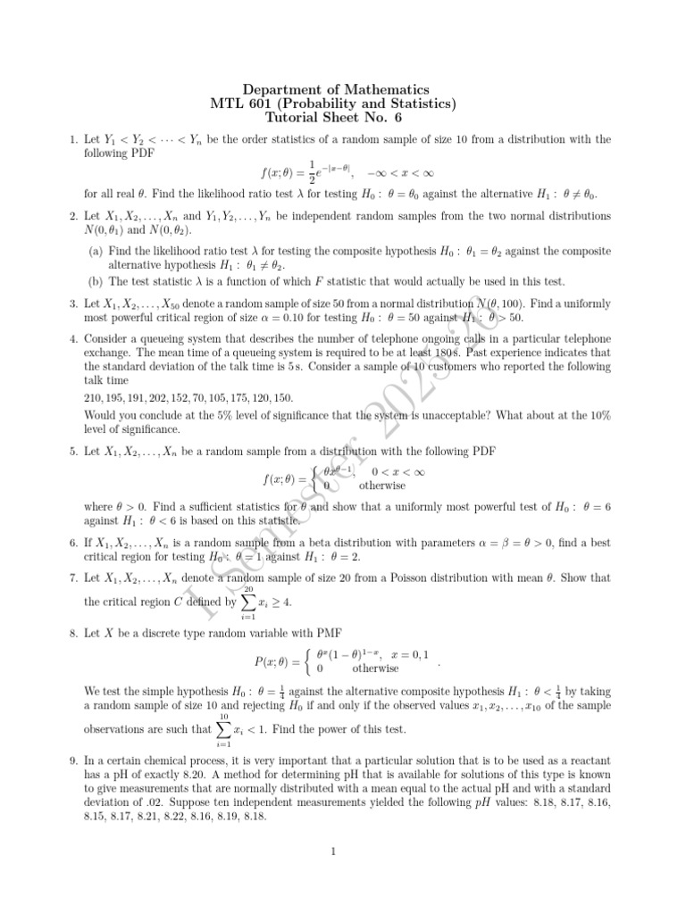 Probability and Statistics Tutorial Sheet 6 | PDF | Probability ...