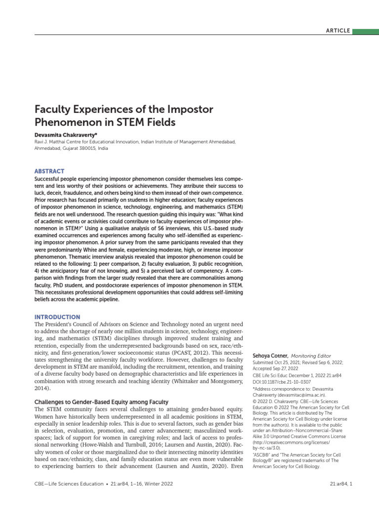 Faculty Experiences of The Impostor Phenomenon in Stem Fields | PDF