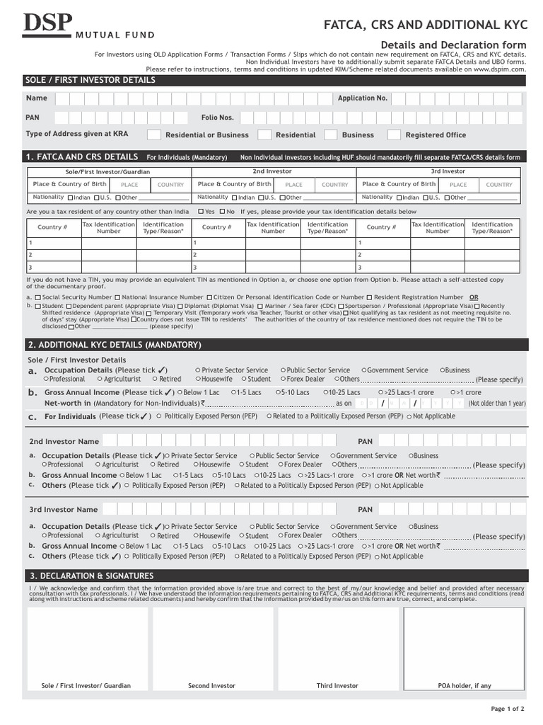 FATCA, CRS, and KYC Investor Form | PDF | Identity Document | Taxes