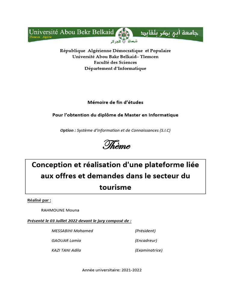 Plateforme Tourisme : Conception et Réalisation | PDF | Développement ...