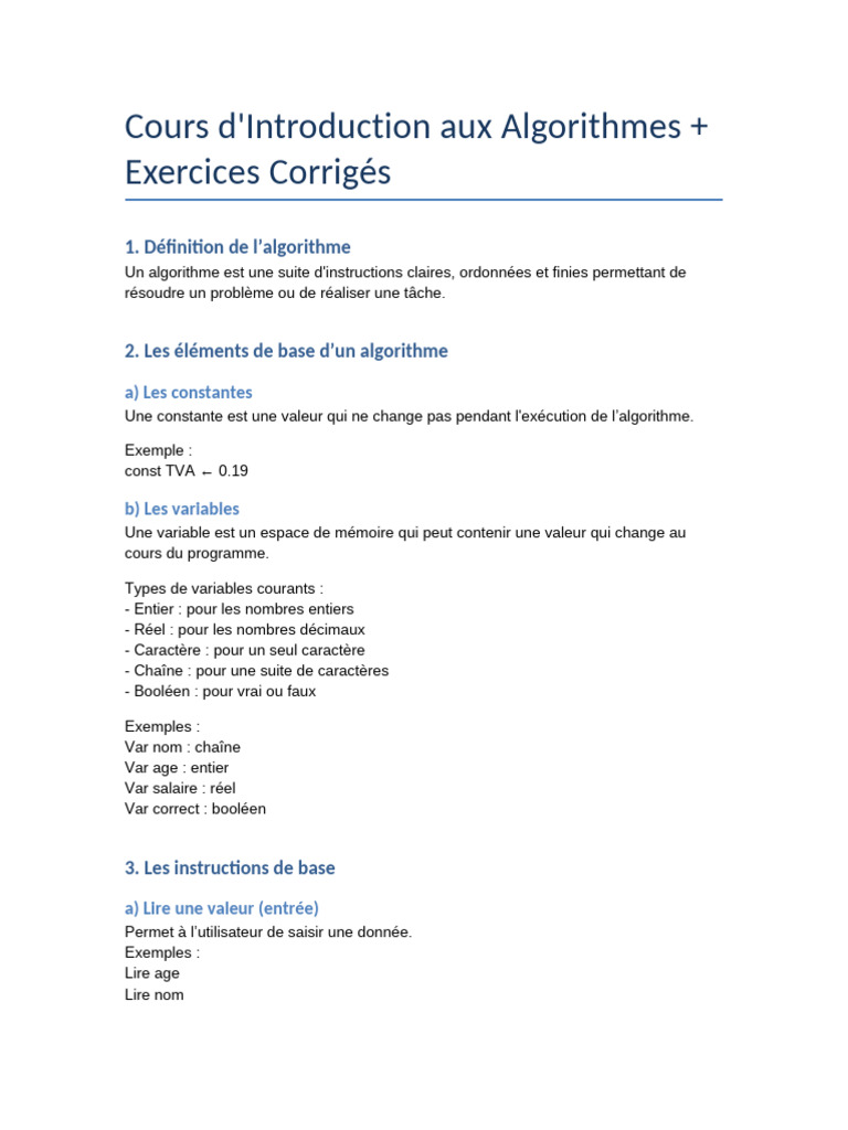 Introduction aux Algorithmes et Exercices | PDF | Booléen | Algorithmes