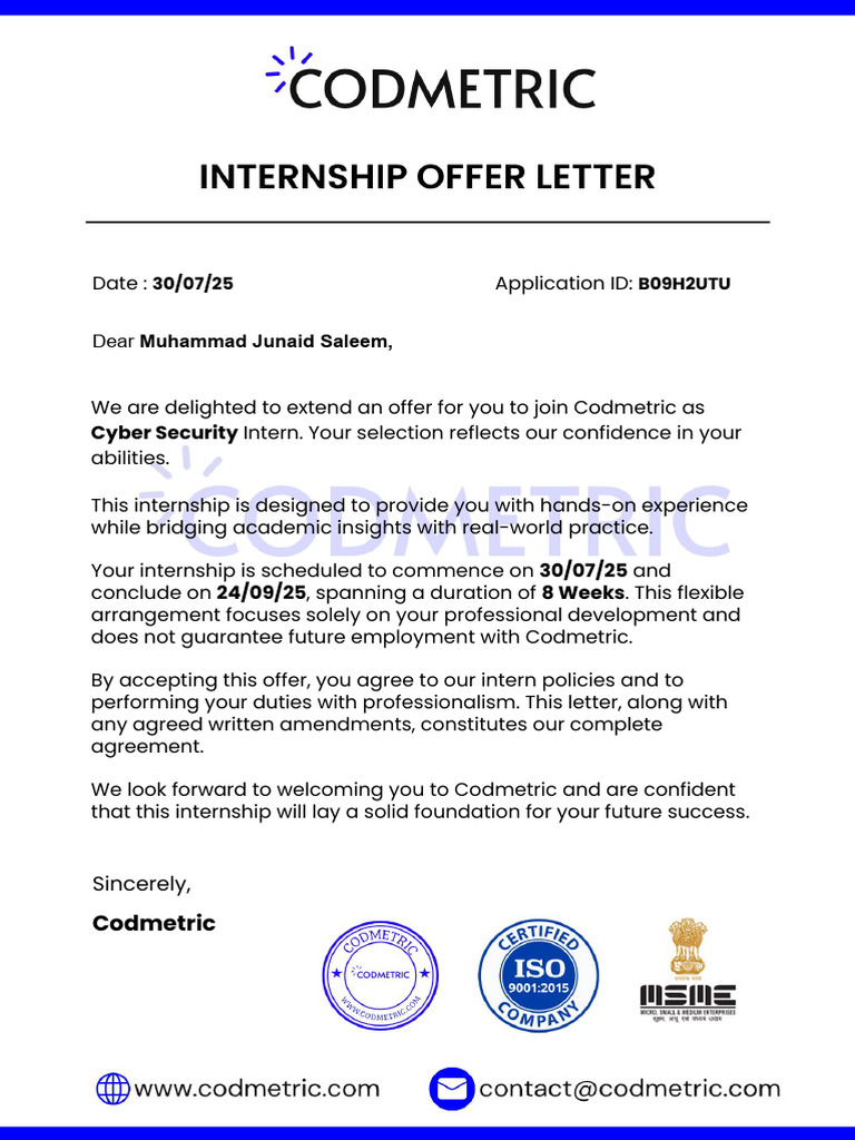 Codmetric Cyber Security Internship Offer | PDF