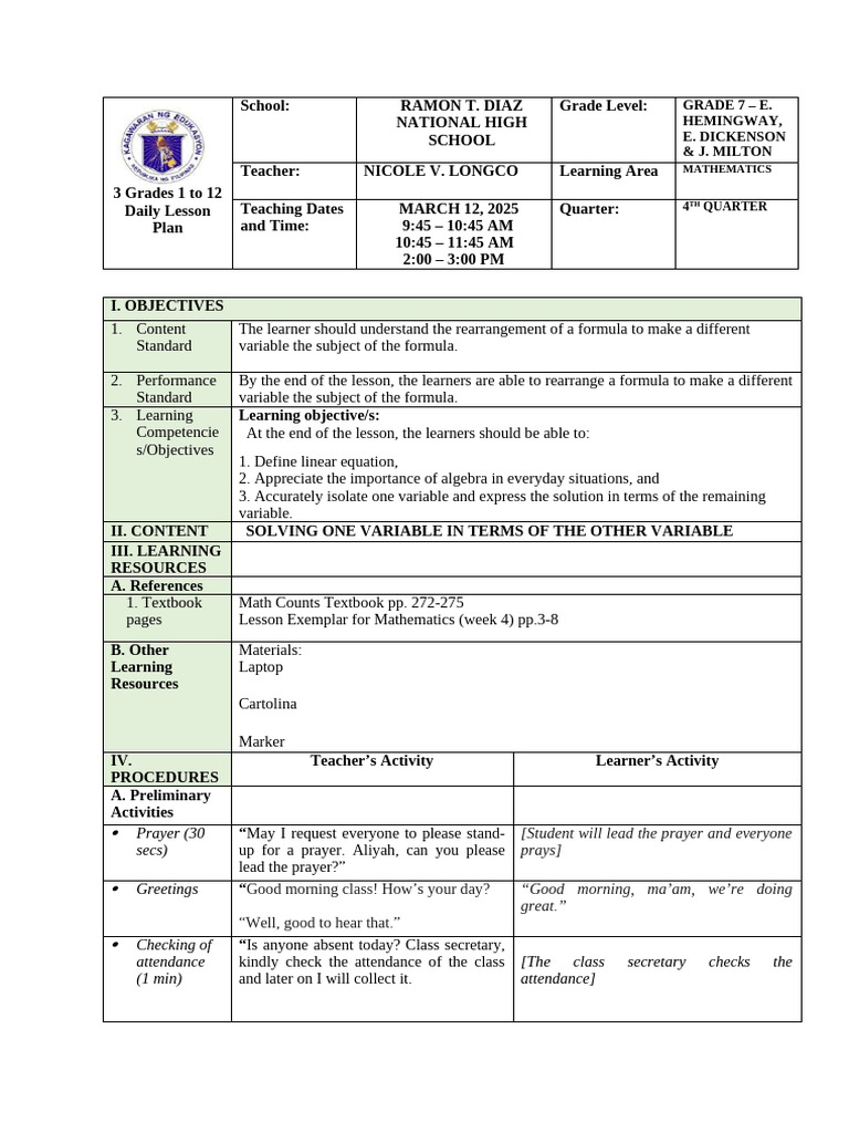 Grade 7 Math Lesson Plan: Variables | PDF | Equations | Variable ...