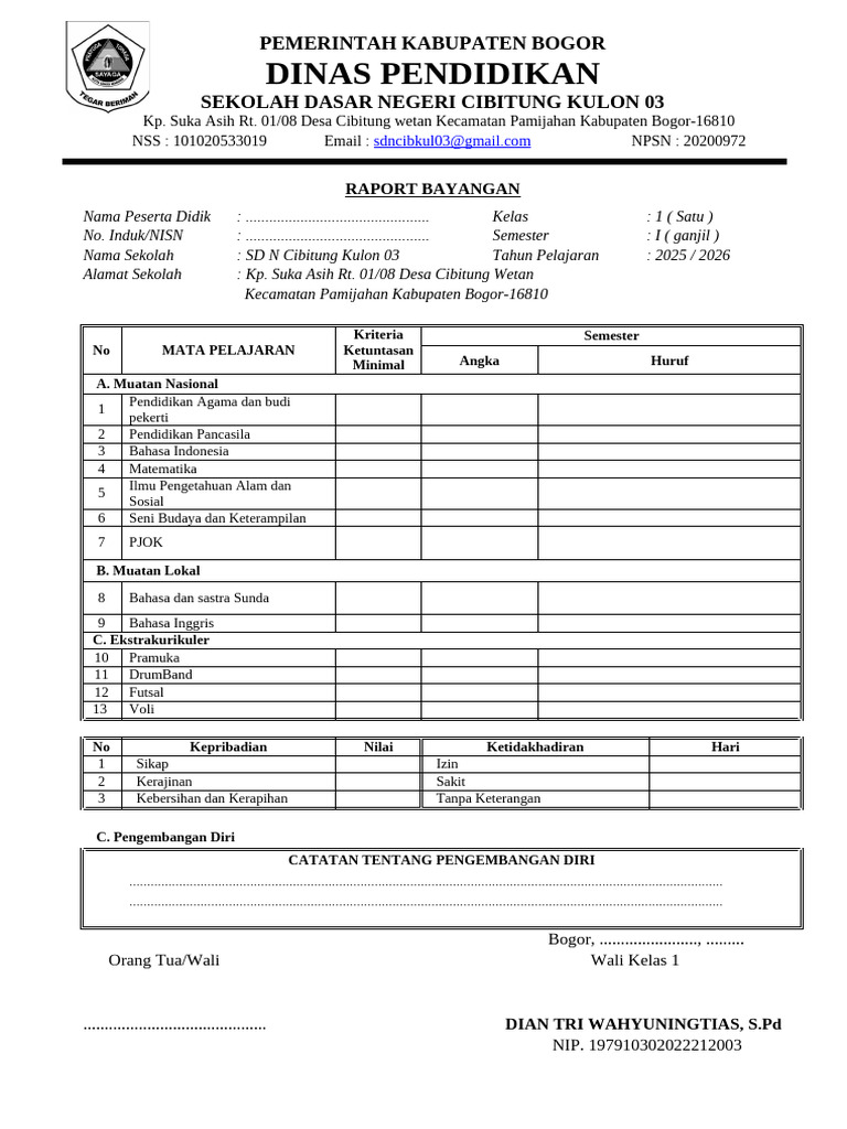 Raport Siswa Kelas 1 SDN Cibitung Kulon | PDF