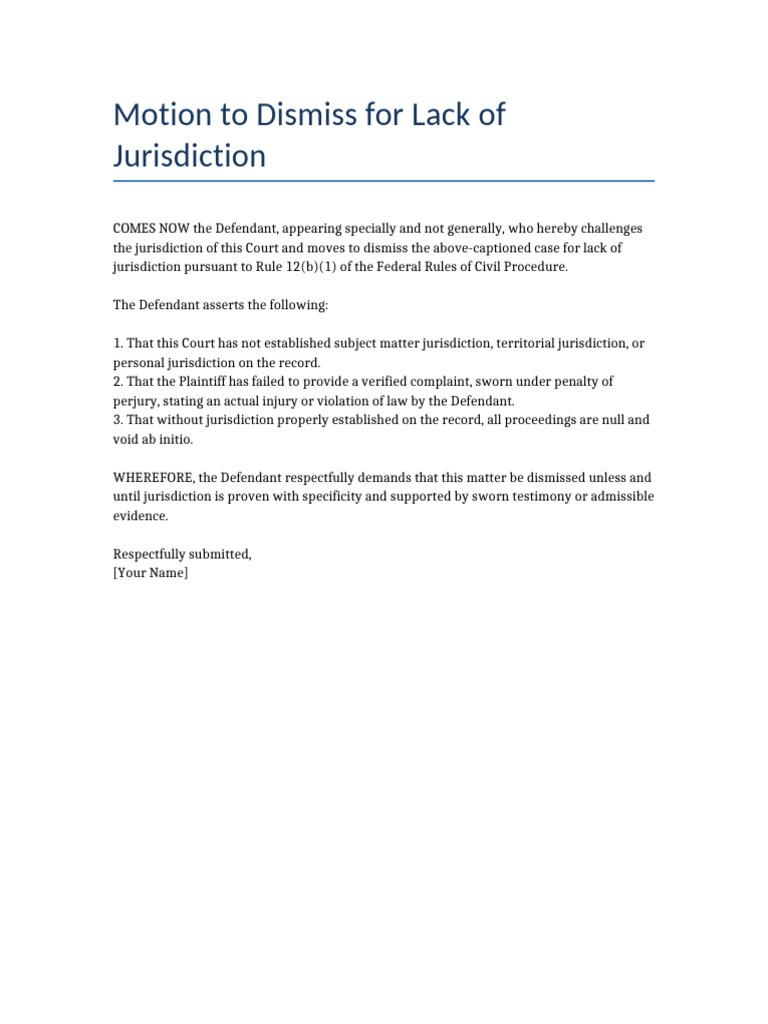 Motion To Dismiss For Lack of Jurisdiction PDF