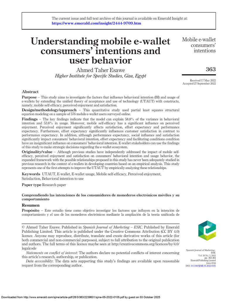 Mobile E-Wallet Consumer Behavior Insights | PDF | Self Efficacy | Flow ...