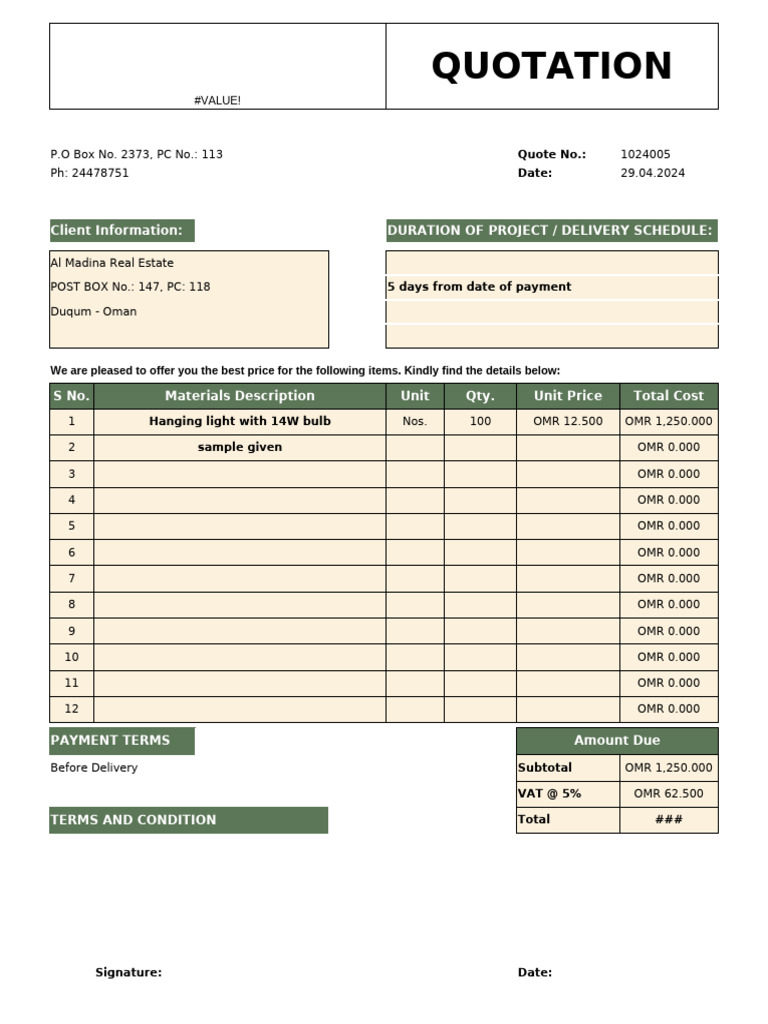 Quotation for Hanging Lights in Oman | PDF