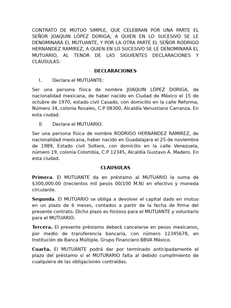 Contrato de Mutuo Simple en México | PDF | México