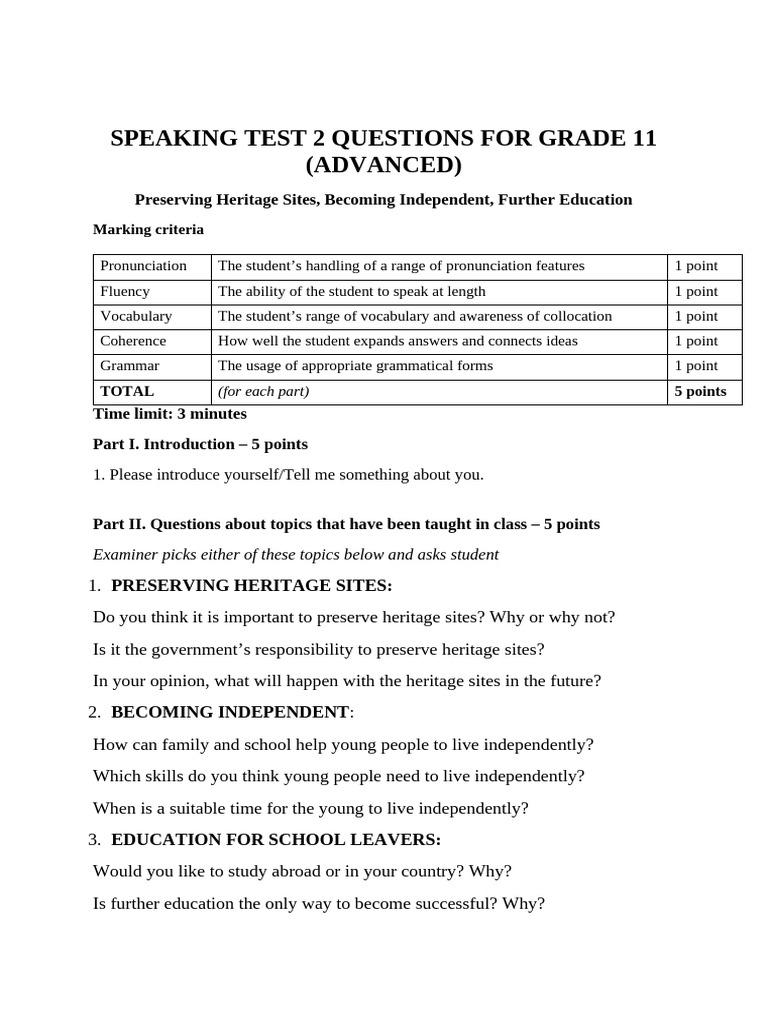 Grade 11 Speaking Test Questions | PDF