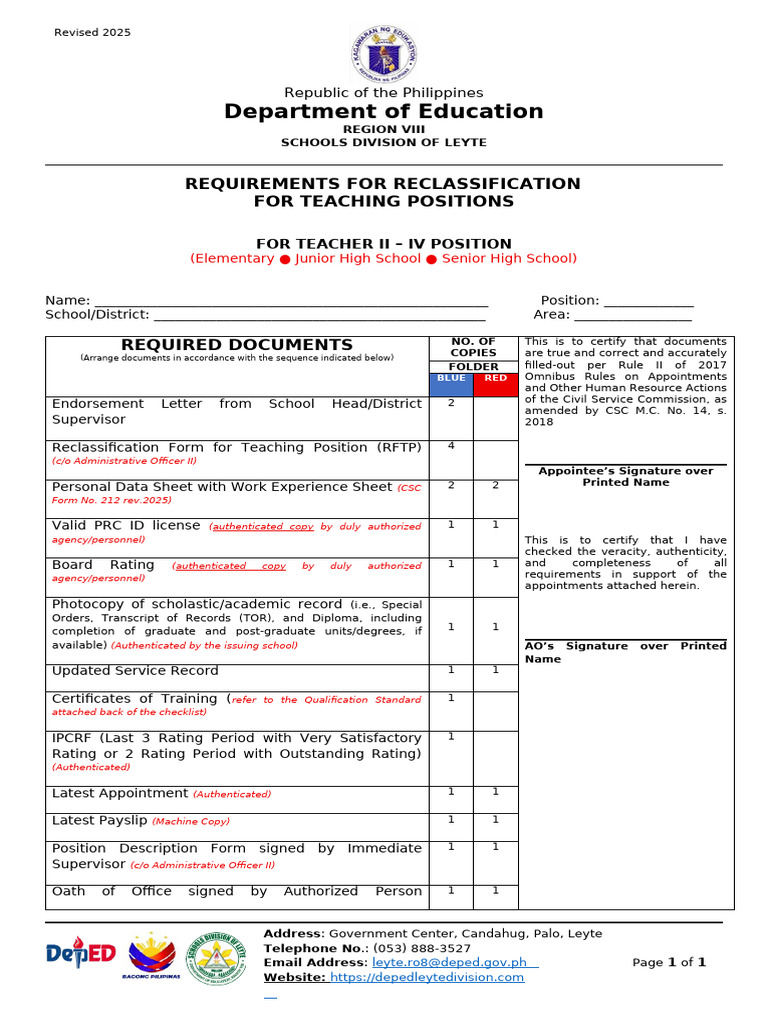 Teacher Reclassification Requirements Leyte | PDF | Teachers | Learning