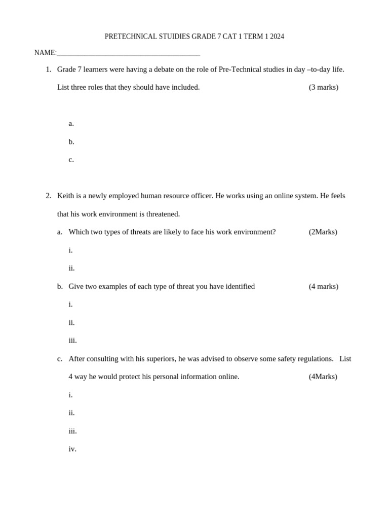 GRADE 7 PreTechnical Studies QN Targeter Wings 001 2024 | PDF