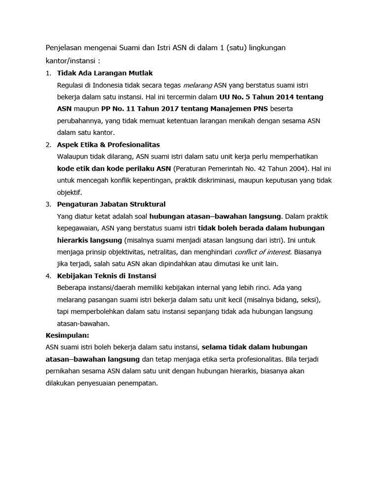 ASN Suami Istri di Satu Instansi: Aturan dan Etika | PDF