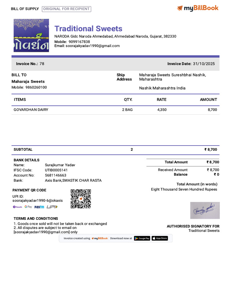 Traditional Sweets Invoice Details | PDF