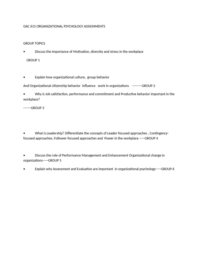 GAC 615 Organizational Psychology Topics | PDF