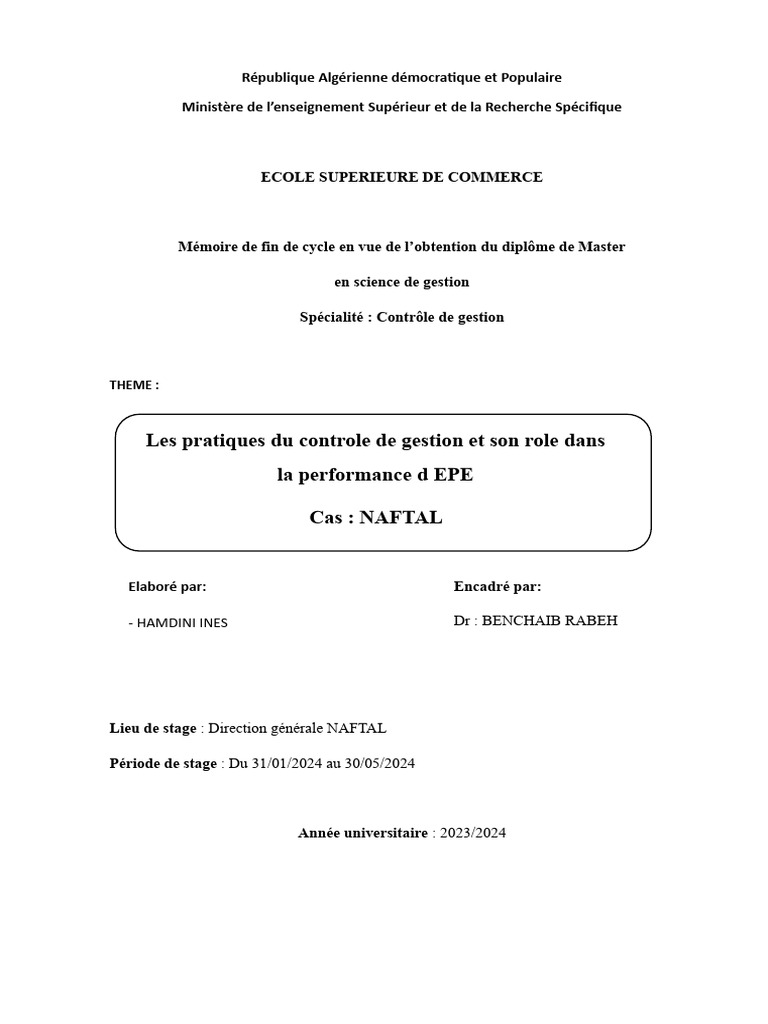 Contrôle de gestion et performance chez NAFTAL | PDF | Business ...