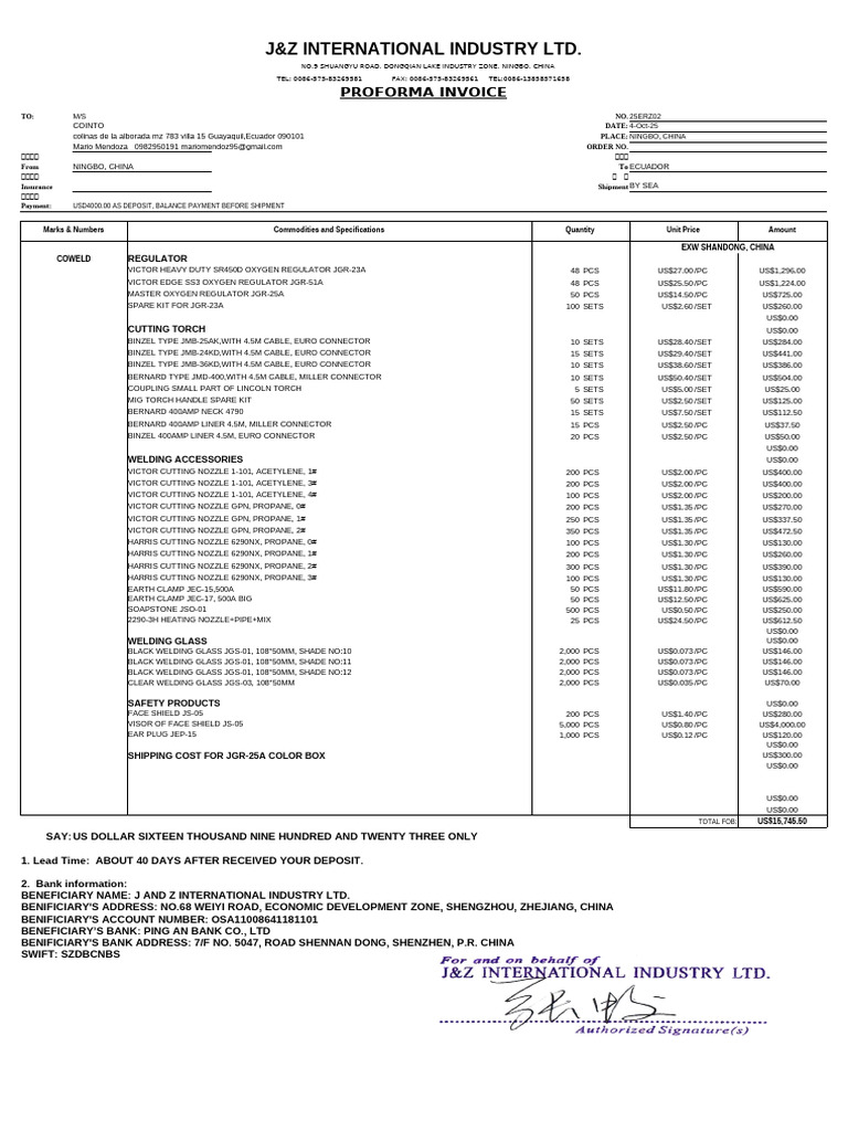Proforma Invoice 25ERZ02 | PDF | Electric Heating | Mechanical Engineering