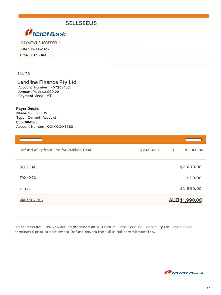 Refund Confirmation for Lendline Finance | PDF
