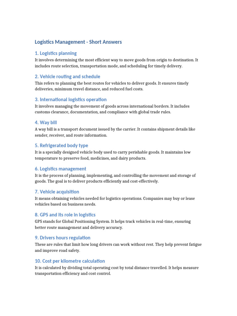 Logistics Management Short Answers | PDF