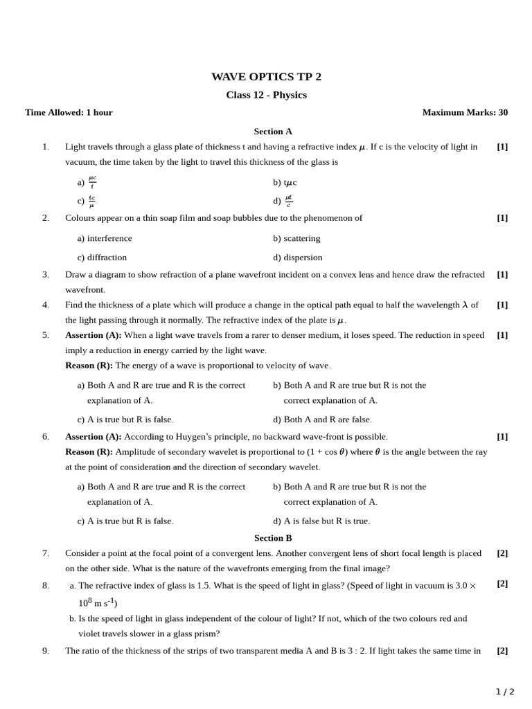 Wave Optics Exam Questions for Class 12 | PDF | Waves | Refraction