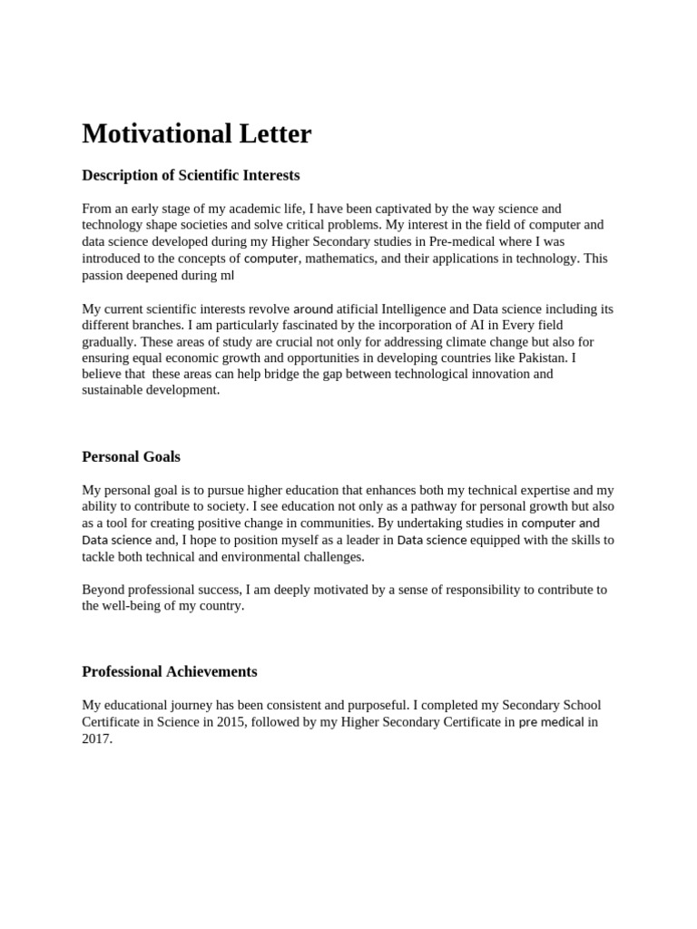 Motivational Letter for Data Science Studies | PDF